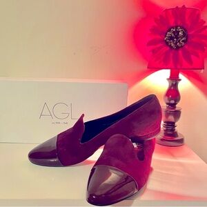 AGL Italy Suede Loafers, Patent Leather Cap Toe, Flats, Size 38/8, Plum Wine